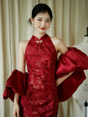 "Jubilee Bell" Red Cheongsam Shawl Bridal Toast Engagement Dress - Yandan_Hanfu