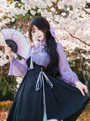 Iris ink butterfly girl exquisite fringed Han element sweet purple cheongsam fairy dress - Yandan_Hanfu