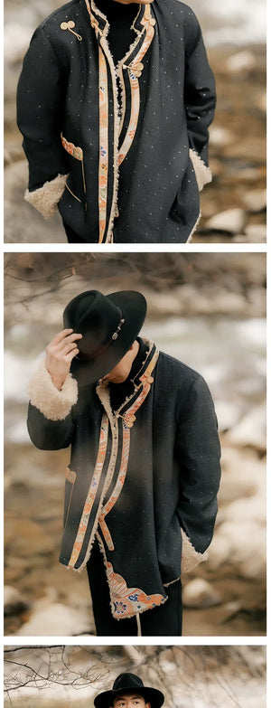 Heritage Tibetan Men's Winter Coat – Cotton Padded Jacket with Shearling Lining - Yandan_Hanfu