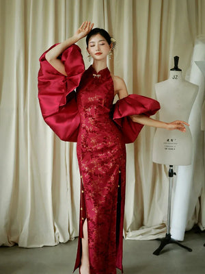 "Jubilee Bell" Red Cheongsam Shawl Bridal Toast Engagement Dress - Yandan_Hanfu