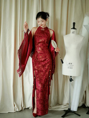 "Jubilee Bell" Red Cheongsam Shawl Bridal Toast Engagement Dress - Yandan_Hanfu
