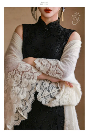 Silent Fragrance – Velvet Beaded Sleeveless Floor-Length Qipao with New Chinese Style Blazer - Yandan_Hanfu