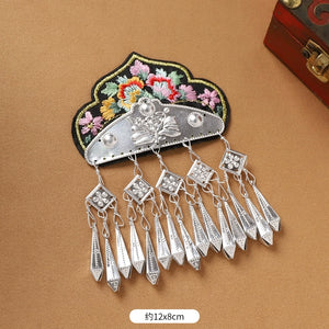 Black floral Guizhou Miao fridge magnet with silver diamond fringe, 12x8cm, handmade cultural refrigerator accessory.