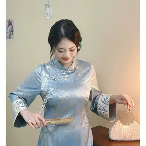 “Azure Spring” – New Chinese Embroidered Qipao | Plus-Friendly, Slimming Early-Spring Dress - Yandan_Hanfu