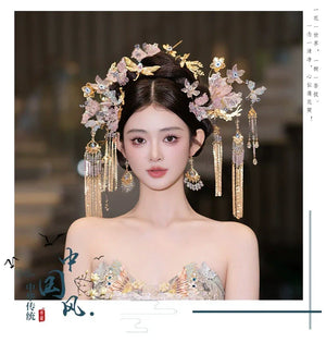 Light Toned Chinese Bridal Hairpin Set – Elegant Floral Headpiece for Hanfu, Qipao - Yandan_Hanfu