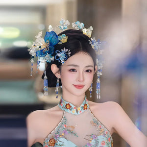 Blue Floral Chinese Bridal Hairpin Set – Elegant Hanfu & Qipao Headpiece for Wedding - Yandan_Hanfu