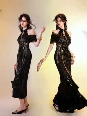 Aries Goldflow – Textured Satin Mermaid Qipao Dress from the Zodiac Collection - Yandan_Hanfu
