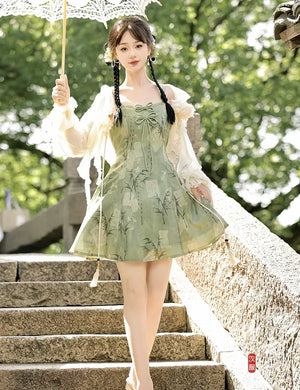 【Whisper of Bamboo】 Sweet Hanfu-Inspired Dress – Modern Chinese Style with Camisole Design - Yandan_Hanfu