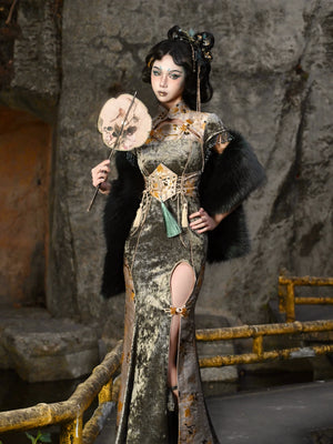 Spring Dragon Festival, Chinese national style disc buckle slim fish tail long slit cheongsam dress - Yandan_Hanfu