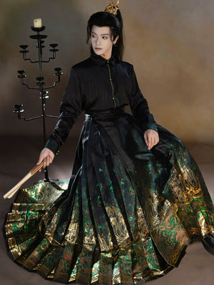 Four Divine Beasts Hanfu Set – Unisex Chinese Shirt & Brocade Horse-Face Skirt in New Style Design - Yandan_Hanfu