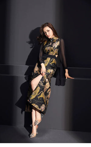 Ukiyo-e painted tiger pattern jacquard soft satin, retro split-ended cheongsam - Yandan_Hanfu