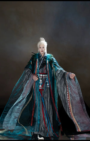 Peacock blue and iridescent layered xianxia outfit — worn garment view 10
