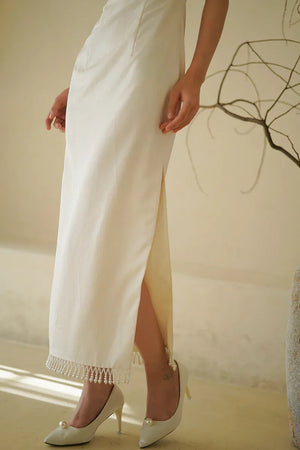 "Xi Zhu" White Dark Pattern Tassel Shawl Cheongsam Bride Wedding Dress Engagement - Yandan_Hanfu