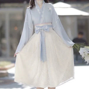 Lolita Daily Blue&Pink Modern Hanfu Women's Chinese Style Dress Lace Dress - Yandan_Hanfu