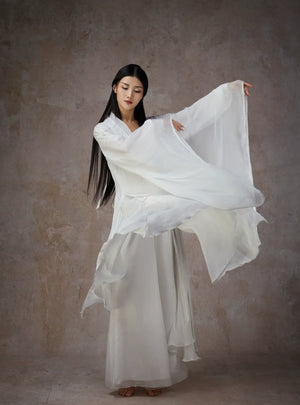 Graceful White Wide-Sleeve Chiffon Hanfu – Classical & Jazz Fusion Dance Dress - Yandan_Hanfu