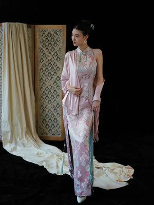 "Pink Bell" Pink Jacquard Bell Cheongsam/Qipao Shawl Bridal Dress - Yandan_Hanfu