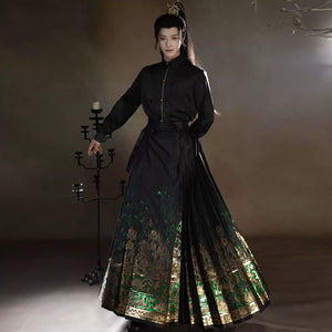 Side view of Four Divine Beasts mamian skirt and black shirt