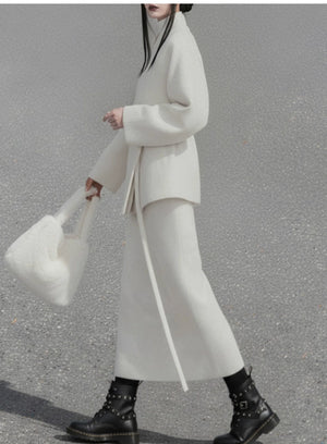 Hydrangea Ivory – Wool Cross-Collar Jacket & Straight Skirt Set | Soft Elegant New Chinese Style Outfit - Yandan_Hanfu