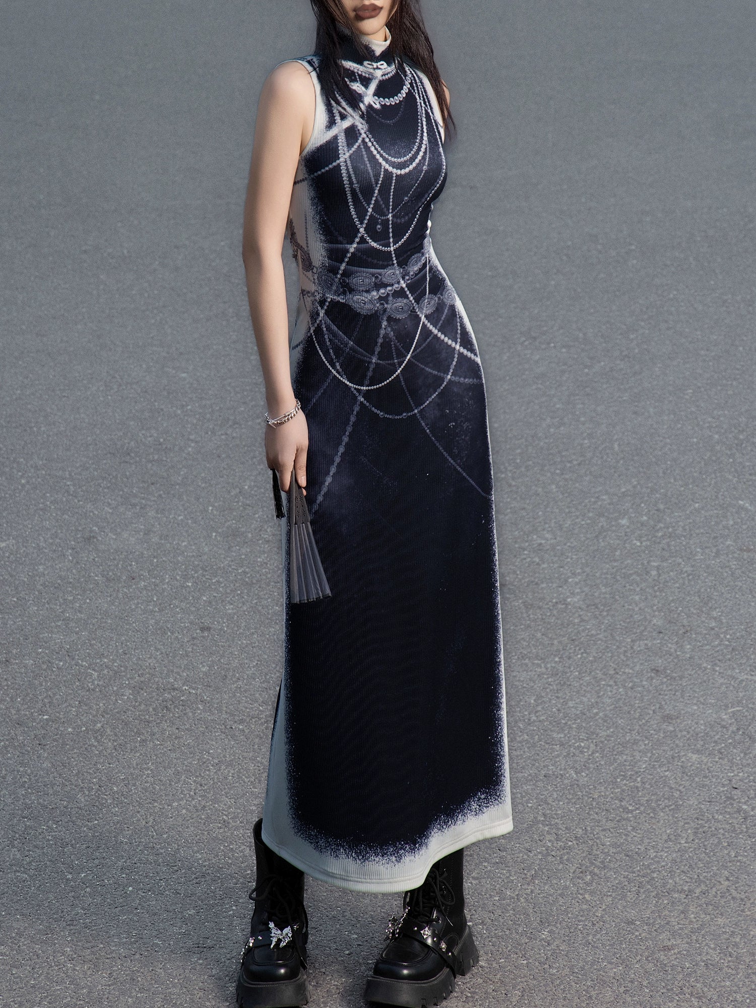Black&white pearl knitted printed cheongsam new Chinese Y2K Spice Girl sleeveless cheongsam dress