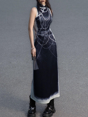 Black&white pearl knitted printed cheongsam new Chinese Y2K Spice Girl sleeveless cheongsam dress - Yandan_Hanfu