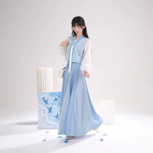 Sea Salt Sky Blue – Elegant Tang-Inspired Modern Hanfu with Long-Sleeve Top & Flowing Skirt - Yandan_Hanfu