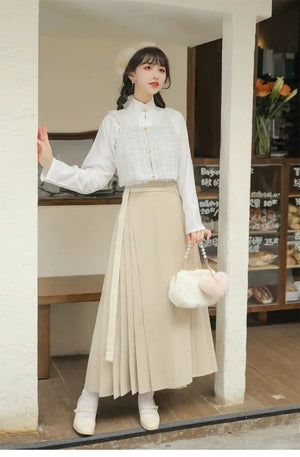 Traditional Chinese Ming hanfu outfit with layered dress styling from the Shallow Moon set.