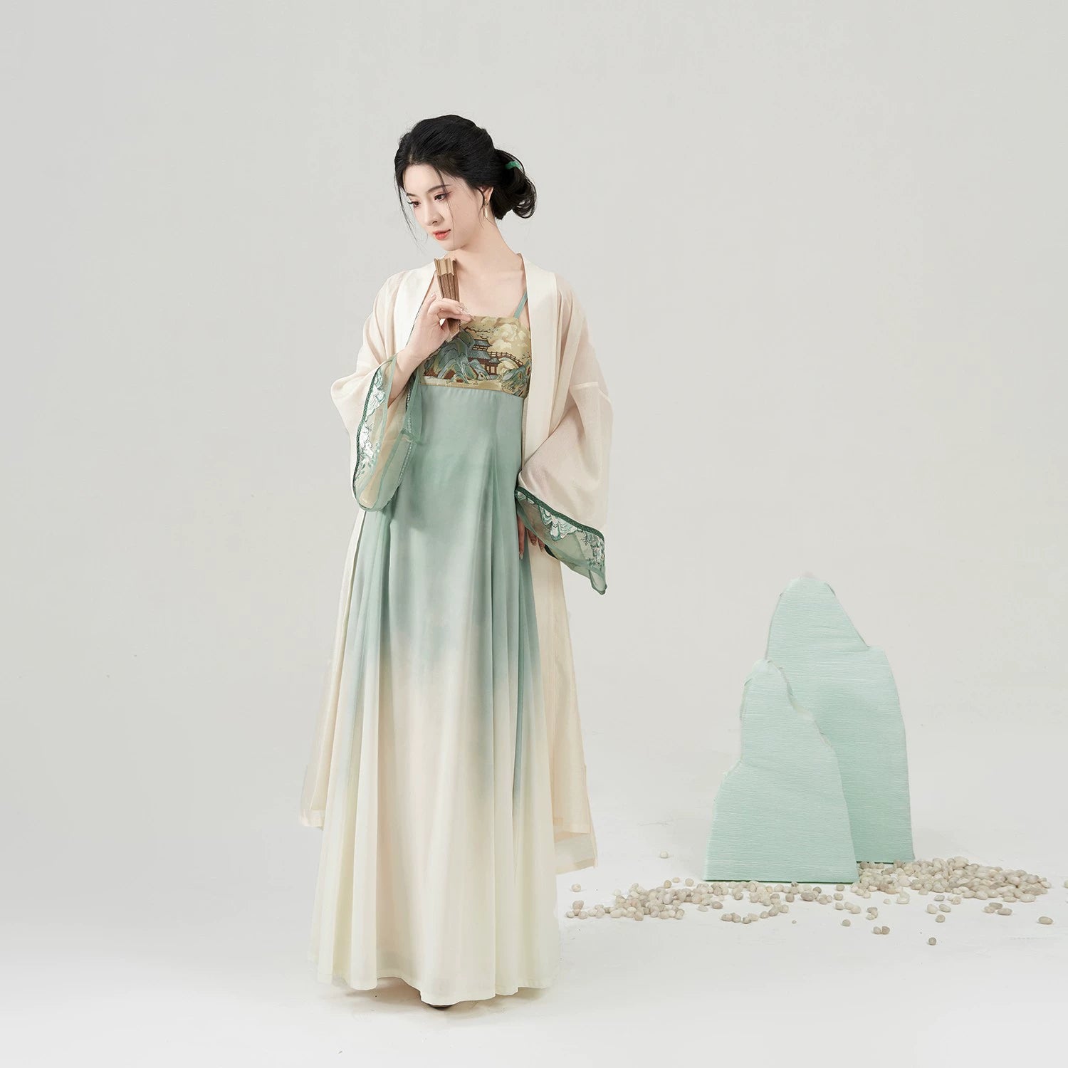 Walking Through Green Hills – Tang-Inspired Hanfu Dress Set with Camisole Gown and Overlap Blouse