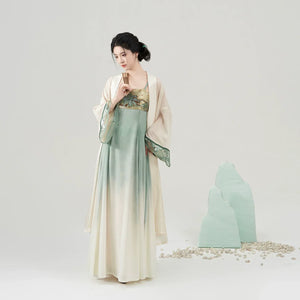 Walking Through Green Hills – Tang-Inspired Hanfu Dress Set with Camisole Gown and Overlap Blouse - Yandan_Hanfu