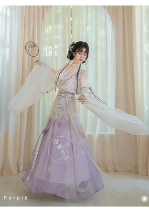 Iris Elegance – Violet Embroidered Hanfu Set with Flowing Nine-Panel Skirt | Wei-Jin Inspired - Yandan_Hanfu
