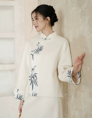 100% Wool Double-Faced Modern Chinese Women's Set – Printed Jacket with Matching Skirt, Minimalist Luxury Style - Yandan_Hanfu