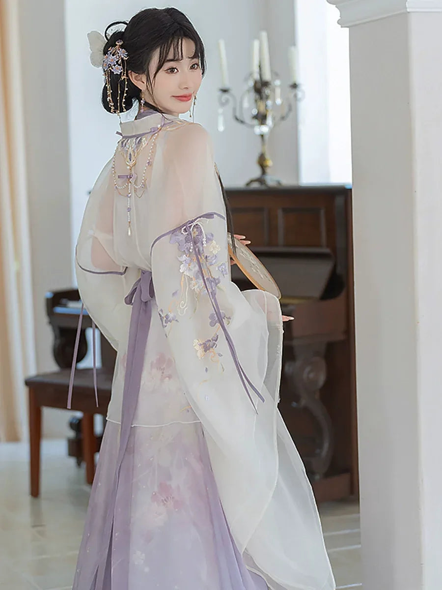 Iris Elegance – Violet Embroidered Hanfu Set with Flowing Nine-Panel Skirt | Wei-Jin Inspired - Yandan_Hanfu