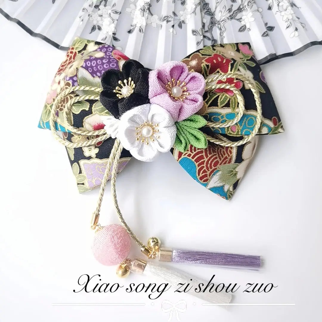 Black and gold Japanese kimono hairpin with multicolor cherry blossoms and tassels, perfect for traditional or lolita fashion.