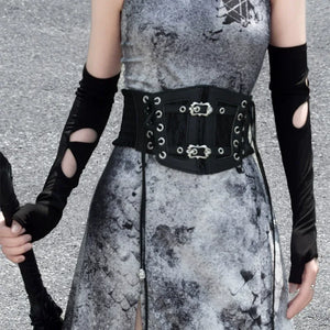 蛇魅 · Wasteland Gray Cheongsam – Split Hem, Off-Shoulder, New Chinese Style - Yandan_Hanfu