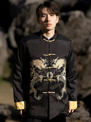 Chinese style dragon pattern embroidery retro Tang suit men's buckle winter cotton-padded jacket - Yandan_Hanfu
