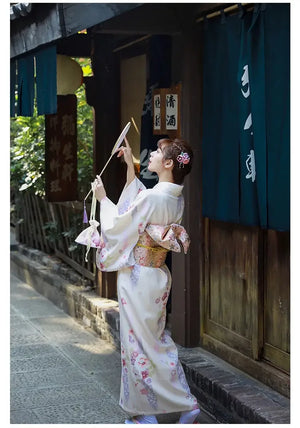 Cherry blossom season fresh and elegant beige Japanese kimono dress women's improved kimono yukata - Yandan_Hanfu