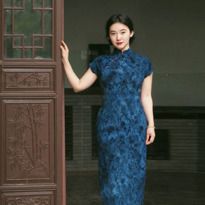 Plus Size Navy Blue Qipao Dress – New Chinese Style Short-Sleeve Cheongsam for Daily Wear, Flattering & Elegant - Yandan_Hanfu