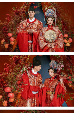 Ming-Dynasty wedding clothes round neck robe men's stand-up collar large-sleeved jacket Xiacheng horse face skirt women's Hanfu - Yandan_Hanfu