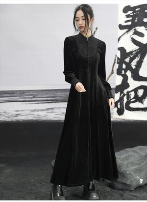 New Chinese Style | Black Lace Dress Women's Stand-up Collar Waist Slimming Long Skirt - Yandan_Hanfu