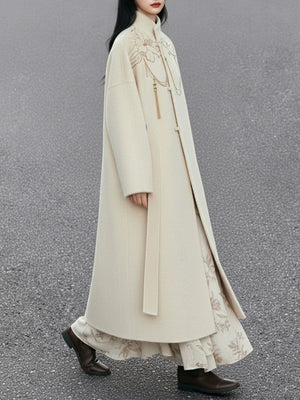 Lily Whisper – White Long Coat | Ivory Embroidered Warm High-Neck Outerwear for Everyday Elegance - Yandan_Hanfu