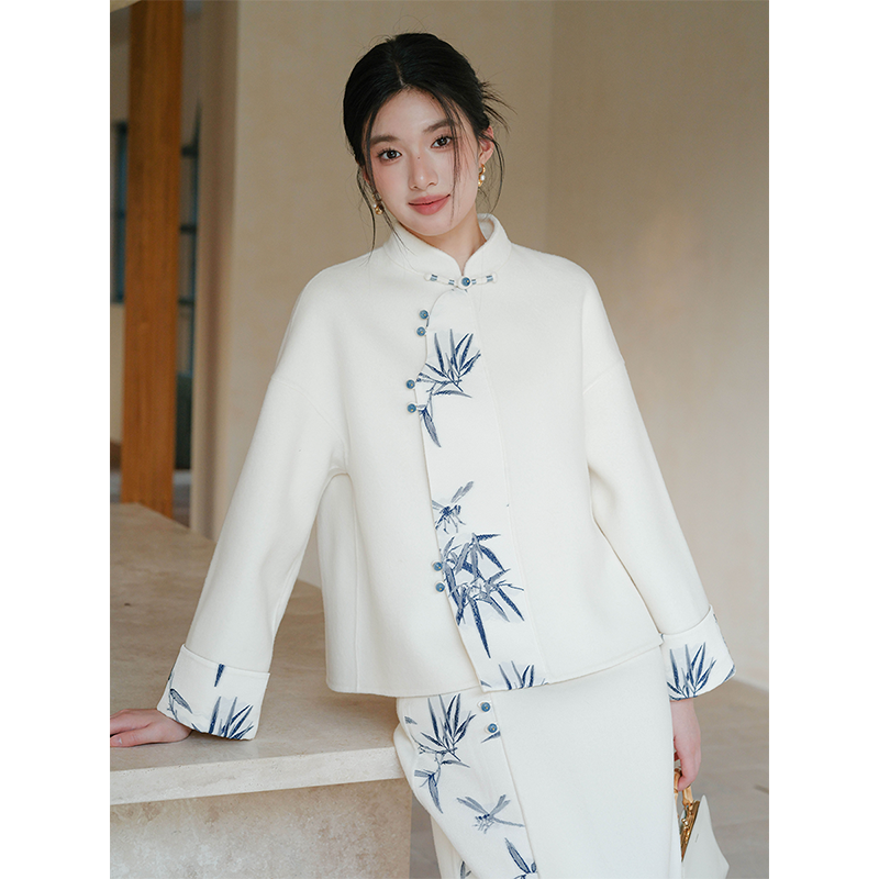 100% Wool Double-Faced Modern Chinese Women's Set – Printed Jacket with Matching Skirt, Minimalist Luxury Style