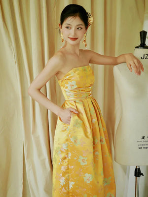 "Yunjing" yellow jacquard pregnant woman cheongsam bride toast dress - Yandan_Hanfu