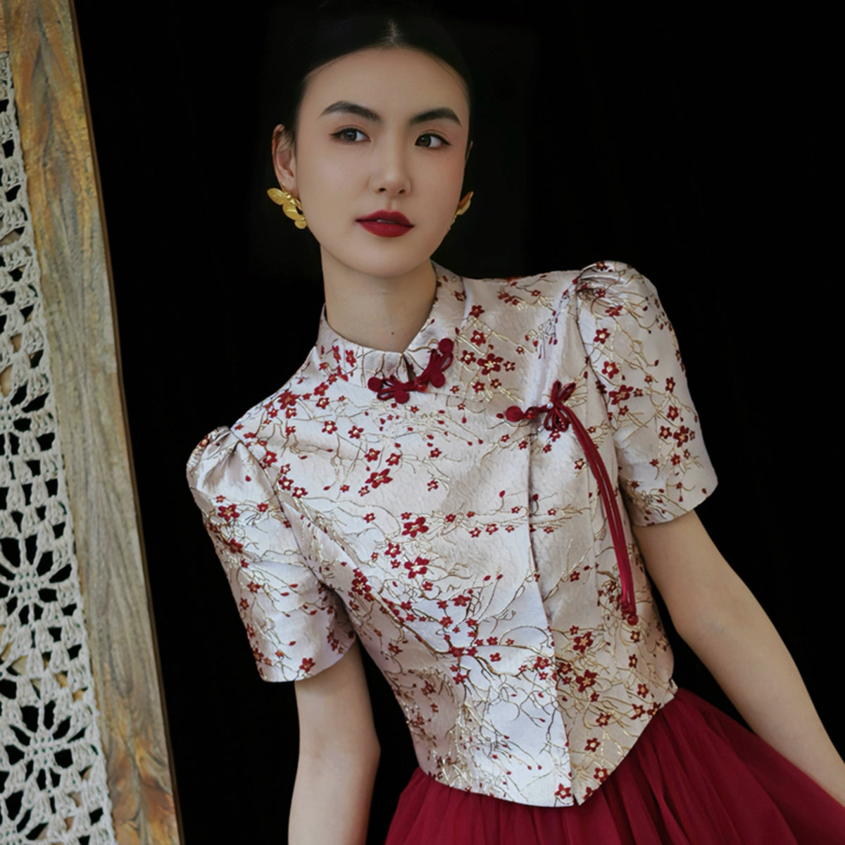 "Mei Xue Gauze Dress Set" Bridal Red Engagement Dress Cheongsam Xiuhe Dress