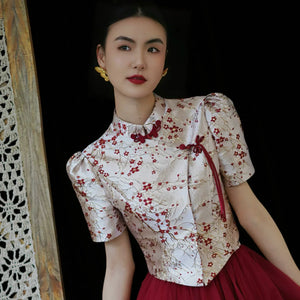 "Mei Xue Gauze Dress Set" Bridal Red Engagement Dress Cheongsam Xiuhe Dress - Yandan_Hanfu