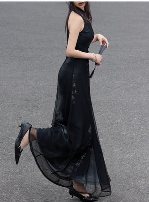 Iris Shadow – Sleeveless Grey Ombre Qipao | New Chinese Style Knitted A-Line Maxi Dress - Yandan_Hanfu