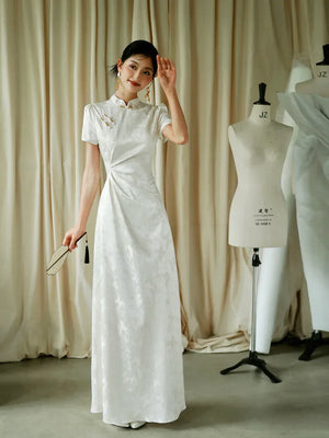 "Kite Butterfly" White Jacquard Cheongsam Bridal Toast Dress Engagement Dress - Yandan_Hanfu