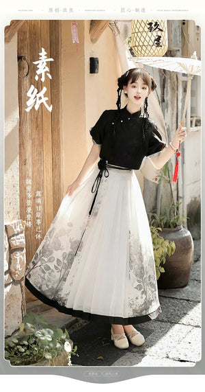 New Chinese style black top shirt print skirt set spring and summer - Yandan_Hanfu