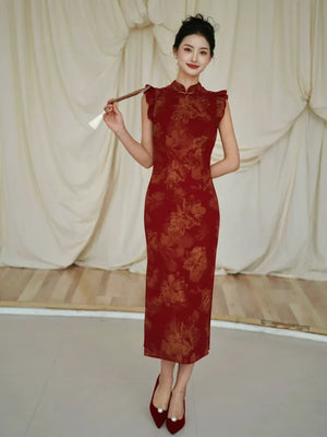 Lotus Step – Red Mermaid Qipao for Wedding, Engagement & Tea Ceremony - Yandan_Hanfu