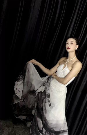 Floating Light – Chinese Watercolor Maxi Skirt with Dramatic Full Hem - Yandan_Hanfu