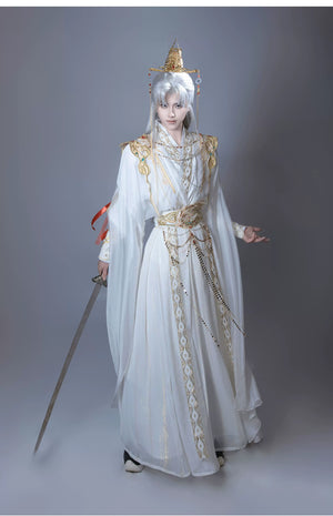 【Radiance of the Dragon】 White Hanfu Ensemble with Cross-Collar, Clouded Shoulders & Embroidered Seal men Unisex - Yandan_Hanfu