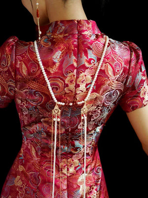 Yue Xi – Red Embroidered Jacquard Qipao for Wedding, Engagement & Tea Ceremony - Yandan_Hanfu